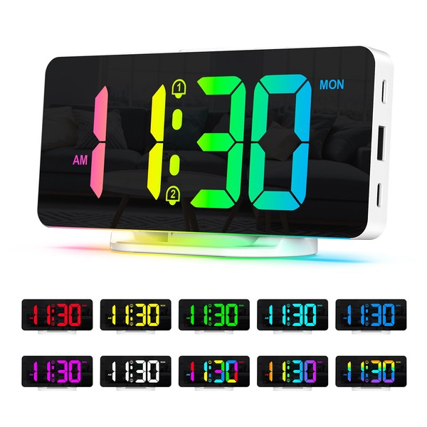 ORIA Digital Alarm Clock RGB, 7 Inch LED Modern Table Clock with 11 Font Colours, 4 Brightnesses/2 Volumes Adjustable, Snooze, 12/24H, Type-C Charging Cable (1.5 m), for Home, Office, Bedroom - White