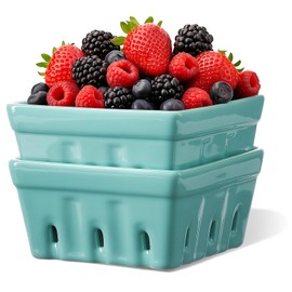 ONEMORE Berry Basket Ceramic Berry Bowls with Holes Square Fruit Bowl Berry Colander Containers for Fridge - 5.8" Fruit Basket for Kitchen Décor, Set of 2, Mint Green