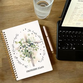 NEFMGEG Floral Cross Christian Spiral Notebook Journal, Psalm 31:25 Bible Verse Prayer Journal for Women, Faith Based Gifts for Women, Church Note Notebook, 5.5x8.3 Inch