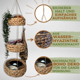 cocovibes Ronda Hanging Fruit Basket with 3 Baskets Made of Water Hyacinth / Fruit Storage / Decorative Kitchen Round 30 + 25 + 20 cm / Kitchen Hanging Stand 3 Levels Fruit Bowl / Fruit Basket