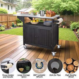 HOPEPIG Outdoor Grill Table, Solid Wood Grill Cart with Storage, Outdoor Prep Table with Stainless Steel Top, XL BBQ Tables Cart, Movable Kitchen Island for Outside Backyard Patio, Walnut