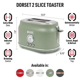 Haden Dorset 2 Slice Wide Slot Stainless Steel Toaster with Adjustable Browning Control & Non Slip Feet, Cedar Green & Chrome