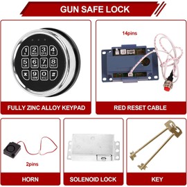 Gun Safe Lock with Solenoid, Saf e Box L ock with 2 Override Keys Chrome Keypad Replacement for Safe Box/Rifle Safe, Included Reset Cable, Circuit Board Lock and Horn