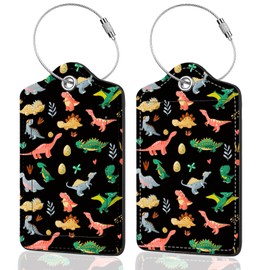 2Pack Luggage Tags for Suitcases, Cute Unique Pu Leather Cruise Luggage Tag with Privacy Cover ID Label Address Card and Metal Ring Suitable for Women Men Kids Travel Bag Dinosaurs and Plants
