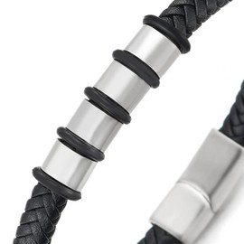 COOLSTEELANDBEYOND Men's Women's Unique Black Braided Leather Bracelet Bangle with Stainless Steel Bead Charm and Magnetic Clasp, Black leather, No gemstone