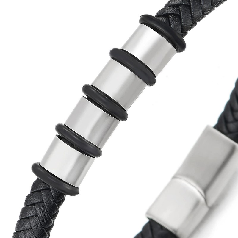 COOLSTEELANDBEYOND Men's Women's Unique Black Braided Leather Bracelet Bangle with