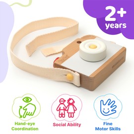 Bimi Boo Wooden Toy Camera, Natural, Baby Neutral Gifts with Detachable Strap, Baby Camera Toy for Early Development and Pretend Play, Toddler Pretend Camera for 2 3 4