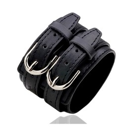 Fusamk Punk Rock Double Row Belt Buckle Wristband Wide Leather Cuff Bracelet(Black)