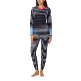 Nautica 2-Piece Crew Neck Pajama Set, Long Sleeve Top & Jogger Pants with Drawstring for Women, Lightweight Cotton Blend, Navy Stripe, Medium