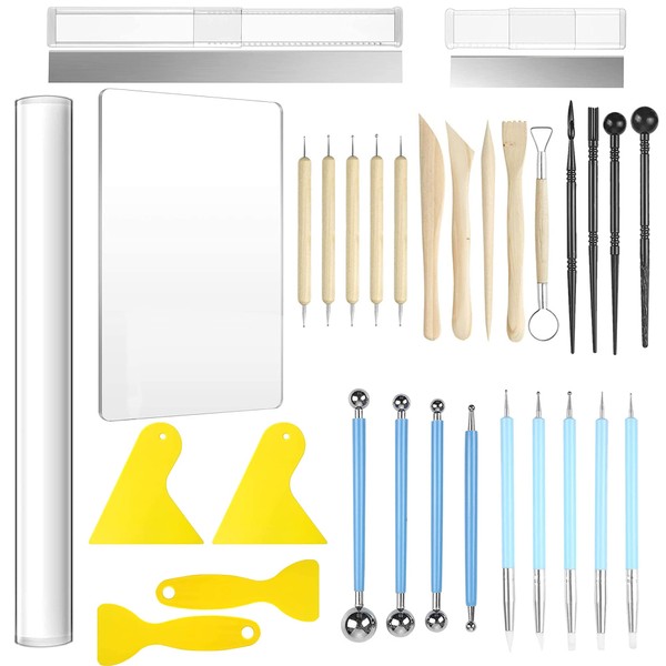 Allazone 31-Piece Polymer Clay Tools Set, Modelling Tool Set, Acrylic Clay Roller with Acrylic Plates Backing Plate, Plastic, Sculpting Tools, Dabbing Tool, Dot Painting Tool for Craft Making