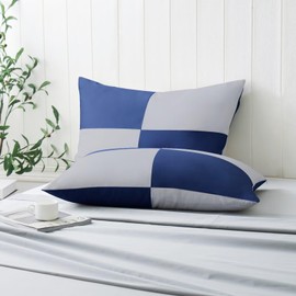 Pillow Cases Queen Size, 600 TC 100% Cotton Patchwork Queen Size Pillowcases Size Set of 2, Breathable Soft Cooling Pillow Covers for Home/Hotel (Grey & NavyBlue