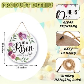 He Is Risen Easter Decor, Religious Door Hanging Sign For Front Door Outside, Happy Easter Gifts For Women Men Friends, Spring Floral Farmhouse Round Welcome Door Hanger Decorations -03