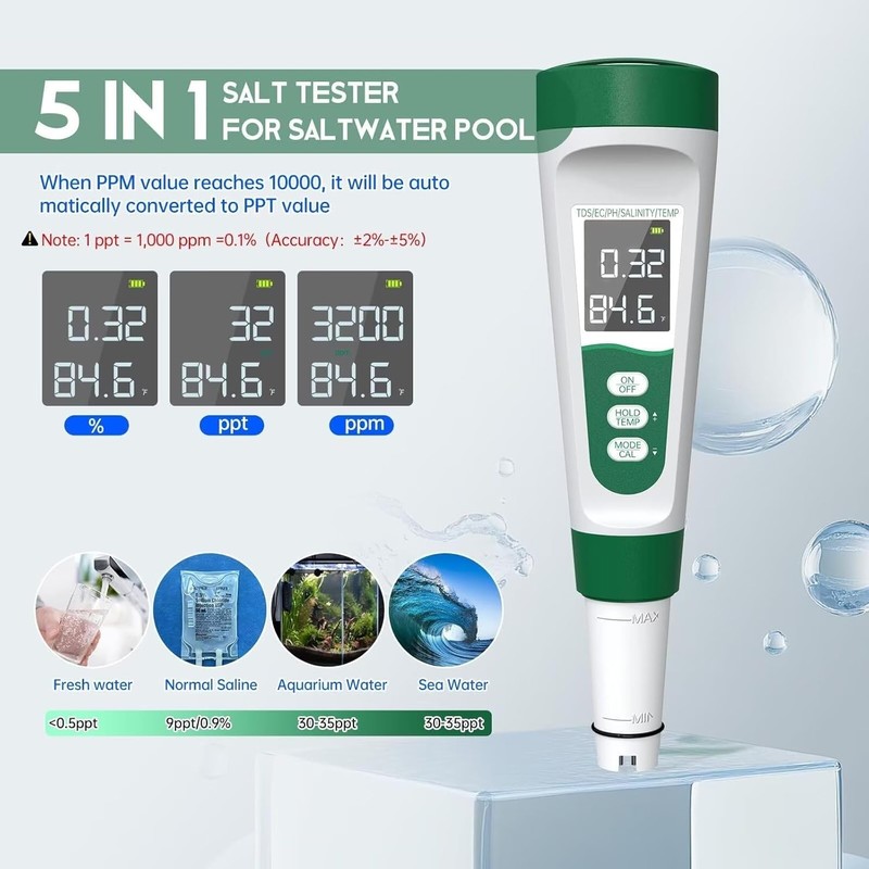 Salt Tester for Saltwater Pool & pH Meter, Digital Water