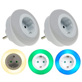Trango Set of 2 11-253 LED Night Light with Socket Orientation Light, Night Lamp with Brightness, Twilight Sensor and Touch Switch for Three LED Colour Settings, Warm White/Blue/Green, Safety Light