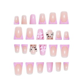 24 Pcs Pink Duck Press on Nails Short Fake Nails French Tip False Nails with Pink Stripes Bow Design 3D Rhinestone Butterfly Nails Reusable Acrylic Nails Press ons Duck Artificial Nails for Women