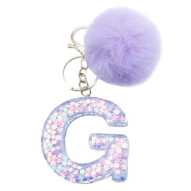Xsclpomddy Initial Letter Resin Alphabet Key Rings with Fur Ball Pom pom keychains Purple for Car Key Rings,G