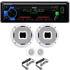 Pyle PLML50FB Single DIN Bluetooth 30 Preset Station Memory MP3/USB/AUX/AM/FM Radio Stereo Car Audio Receiver Bundle Combo with 2X 6.5 450 Watt Peak Power 2-Way White Audio Component Speakers