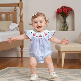 Newborn Baby Girl Outfit Octopus/Crab/Seahorse Stripe Sleeveless Smocked Bubble Romper Infant Bodysuit Summer Clothes (Stripe, 12-18 Months)