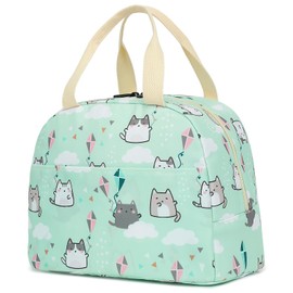Cat Insulated Lunch Bag for Women Grils, Reusable Tote Lunch Box for Work School Picnic Travel (Green)
