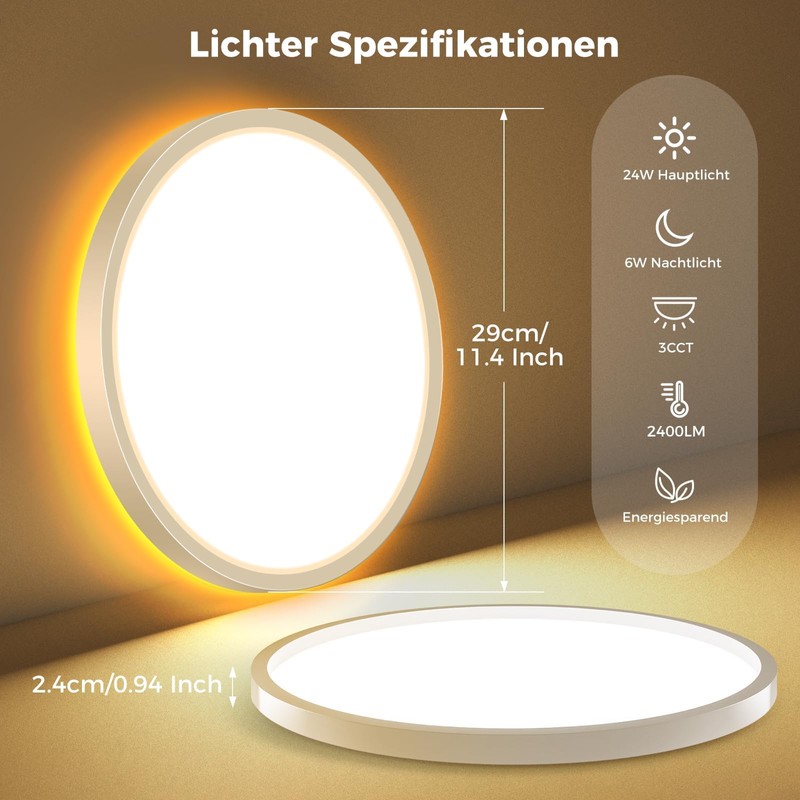 zemty 24 W LED Ceiling Light Dimmable, 29 cm, 2400