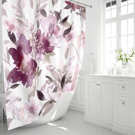 MAYZUS Long Shower Curtain 72 x 78 Inch, Tall Watercolor Floral Fabric Shower Curtain, Modern Abstract Mauve Flower Bathroom Shower Curtain Set with Hooks