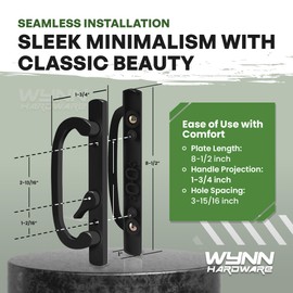8.5" Legacy Sliding Patio Glass Door Offset Black Handle Set - Sash Controls 2265 WITH Mortise Lock 45° for Handle Replacement Fits 3-15/16” Screw Hole Spacing and 1-1/4" to 2-1/4" Door Thickness