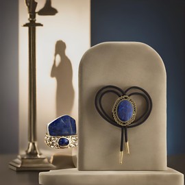 HHH Designs Lapis Bolo Tie for Men & Women, Western Oval Stone Bolo Necklace with Brass Frame on Black Nylon Cord, Classic Cowboy Western Tie Jewelry for Men’s Fashion Accessories