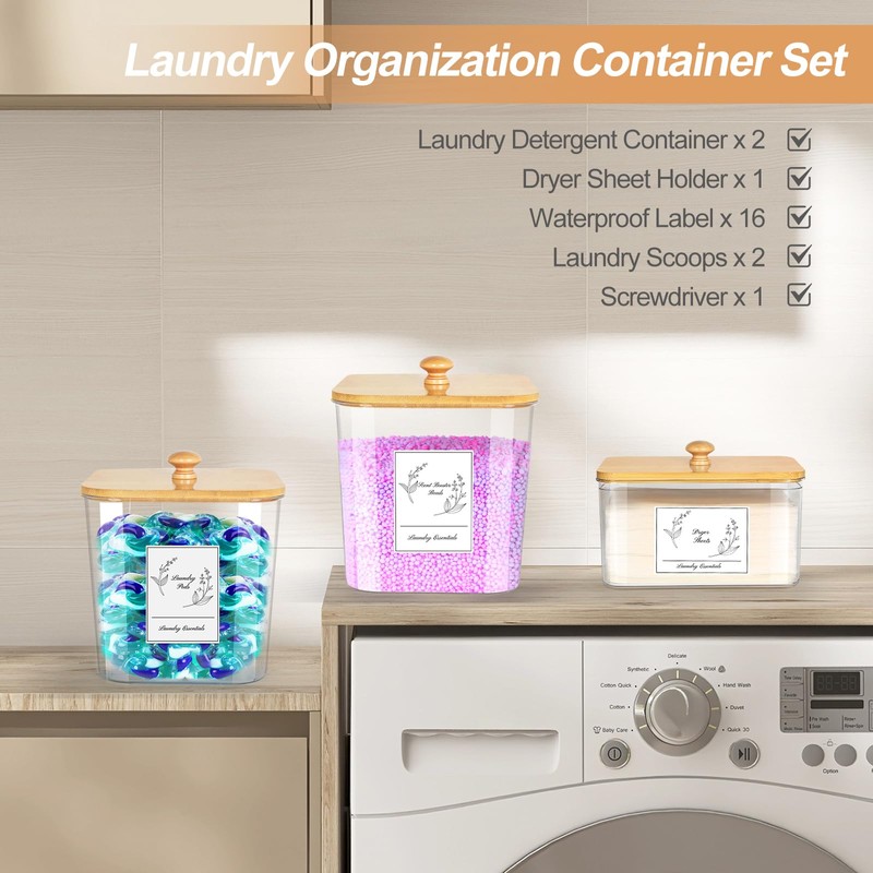 COAZEX 3 Pack Plastic Laundry Pods Container & Dryer Sheet