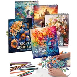 5 Libros para Colorear para Adultos Relajación, Tema Naturaleza y Humanidad con Escenas y Personajes Diversos, Encuadernación en Espiral y con Grapas, Regalo Perfecto para Cumpleaños, Navidad y Pascua
