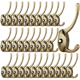 IBosins 32 Pack Antique Brass Coat Hooks Wall Mounted with 64 Screws Retro Double Hooks Utility Hooks for Coat, Scarf, Bag, Towel, Key, Cap, Cup, Hat