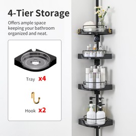 shuang qing 4 Tier Corner Shower Caddy Tension Pole - Adjustable 360 Rotation Bathroom Organiser-35-127inch (Black)