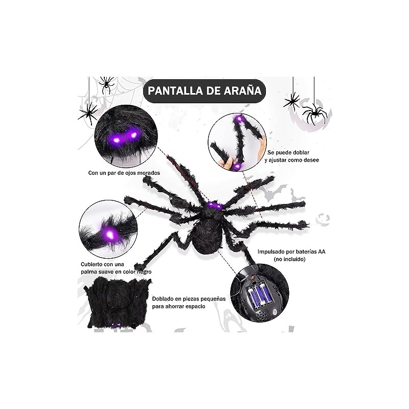 Decoración Halloween Araña Gigante 125 cm con Luz, Exterior e