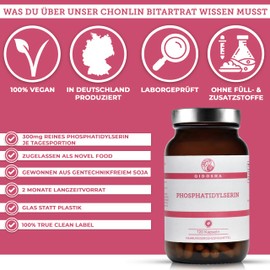 QIDOSHA® Phosphatidylserin Kapseln, 120 Kapseln im Apothekerglas, volle 300mg Phosphatidylserin je Tagesportion (150mg/Kapsel), vegan, laborgeprueft, deutsche Fertigung, Novel-Food-Zulassung