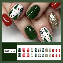 Christmas Green Press on Nails Short Square False Nails Christmas Tree Artificial Nails with Gold Glitter Powder Design Winter Xmas Acrylic Nails Full Cover Glossy Coffin Nails Glue on Nails for Women
