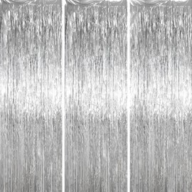 Voircoloria 3.3 x 6.6 ft Foil Fringe Backdrop Curtains, Tinsel Streamers Party Decorations, Fringe Backdrop for Birthday, Baby Shower, Gender Reveal, Graduation (3, Silver)