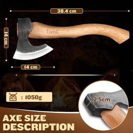 Tivoli 15 Inch Camping Axes and Hatchets, Bushcraft Axe Bushcraft Axe for Wood Splitting and Kindling,Forged Carbon Steel Chopping Axes Ash Wood Handle with Retro Sheath