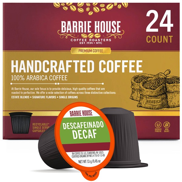 Barrie House Organic & Fair Trade Certified Decaf Classic Single Cup Capsules, 24 Count