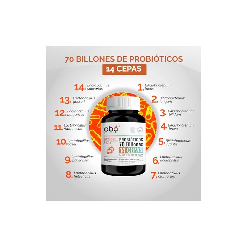 Probioticos 70 Billones de 14 Cepas Prebioticos Inulina de Agave