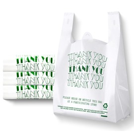 Cheardia 100 Pack T Shirt Bags,Thank You Plastic Bags Recyclable Shopping Bags with Handles Merchandise Bags Bulk for Small Business Shopping Grocery Retail Restaurant Take Out, 11" x 6" x 20" White