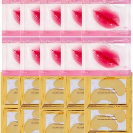 10 Collagen Lip Masks & 10 24K Gold Eye Masks – Hydrating Patches, Dark Circles, Brightening,Even Out Skin Tone,And Plumping Lips