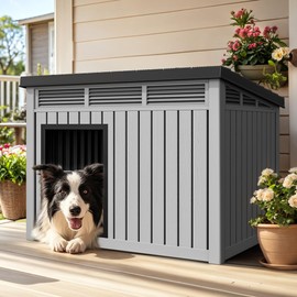 YITAHOME Plastic Dog House, Indoor & Outdoor Dog Kennel with Lift-Up Sloping Roof, Waterproof & Ventilated for Small to Medium Dogs, Easy to Clean Design, Gray