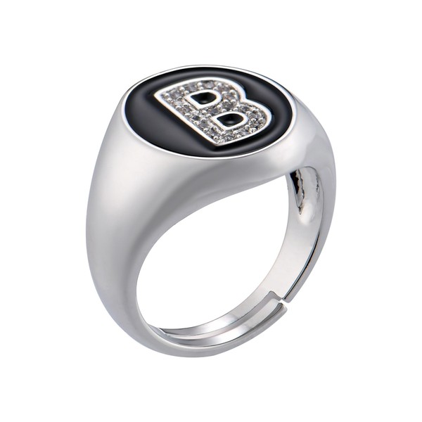 Silver Initial Letter Ring | Black Enamel Cubic Zirconia Signet