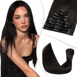 TESS Clip in Hair Extensions Real Human Hair Black Remy Seamless 8 Pieces Straight Short for Women/Girls (#1B Natural Black, 10 Inch 50g)