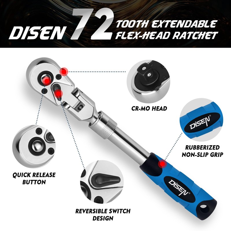 DISEN 3-Piece Extendable Flex-Head Ratchet Wrench Set with EVA Storage