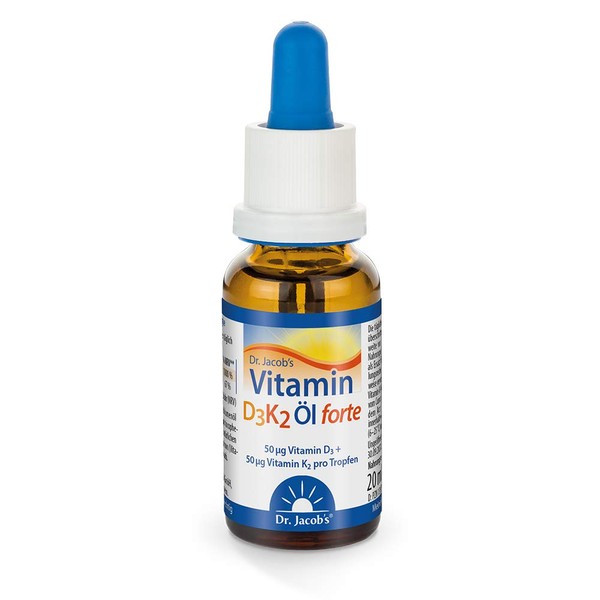 Dr. Jacob's Vitamin D3K2 Öl Forte 20 ml I 50 µg Vitamin D3 (2000 I.E.) + 50 µg Vitamin K2 (Menachinon-7) pro Tropfen I 600 Portionen I wichtig für Immunsystem, Knochen und Muskeln I vegetarisch