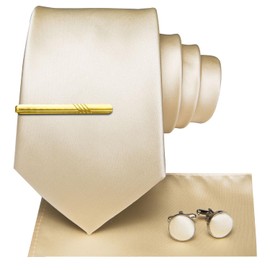 Hi-Tie Mens Light Yellow Champagne Tie Pocket Square Gold Tie Clip Cufflinks Formal Woven Silk Necktie Sets Wedding Party