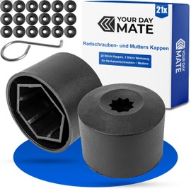 Wheel Bolt and Nut Caps Set, 21 Pieces, for 17 mm Hex Bolts and Nuts, Minimum Diameter 31 mm Rims Screw Hole, Wheel Nut Caps in Matte Black, 1 x Tool, Wheel Bolt Cover Kit
