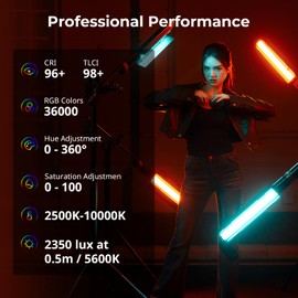 SMALLRIG RT25 RGB Tube Light Stick, 25W RGBWW Led Light Wand, IP54 Waterproof Light Bar, CRI96+, TLCI98+, 2500-10000K, for Photography 4343