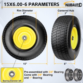 2 Pcs 15x6.00-6 Flat Free Lawn Mower Tire and Wheel, 15x6-6 Front Tire Assembly Compatible with John Deere Husqvarna Riding Mowers Lawn Tractors,with 3/4" & 5/8" Bearing-1" Bushings,3" Centered Hub.