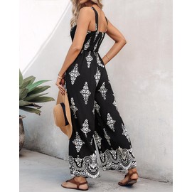 ChicMe Women's Casual Loose Overalls Jumpsuits Floral One Piece Square Neck Shirred Pants with Pockets (A-Black, M)